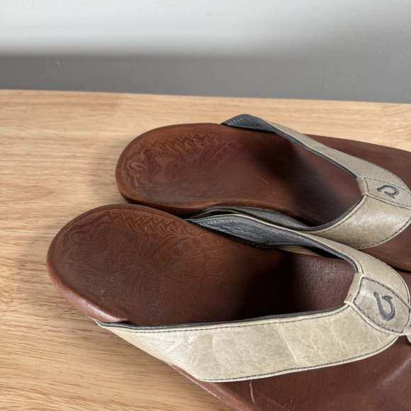 Olukai Sandals Mens 10 Kulia Shoes Tan Leather Thong Flip Flop Beach Slide - Picture 2 of 9
